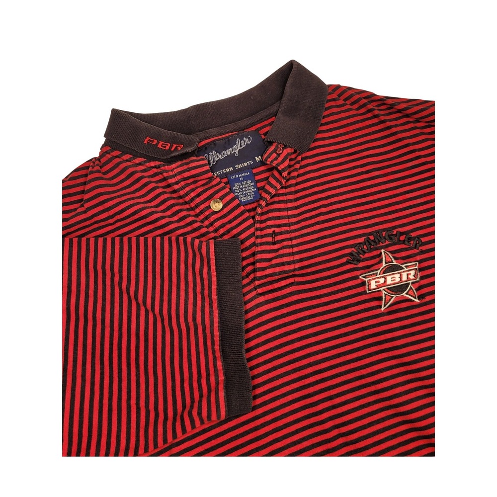 Wrangler PBR Mens Red‎ Black Striped Polo Shirt Western Rodeo Bull Riders Size M